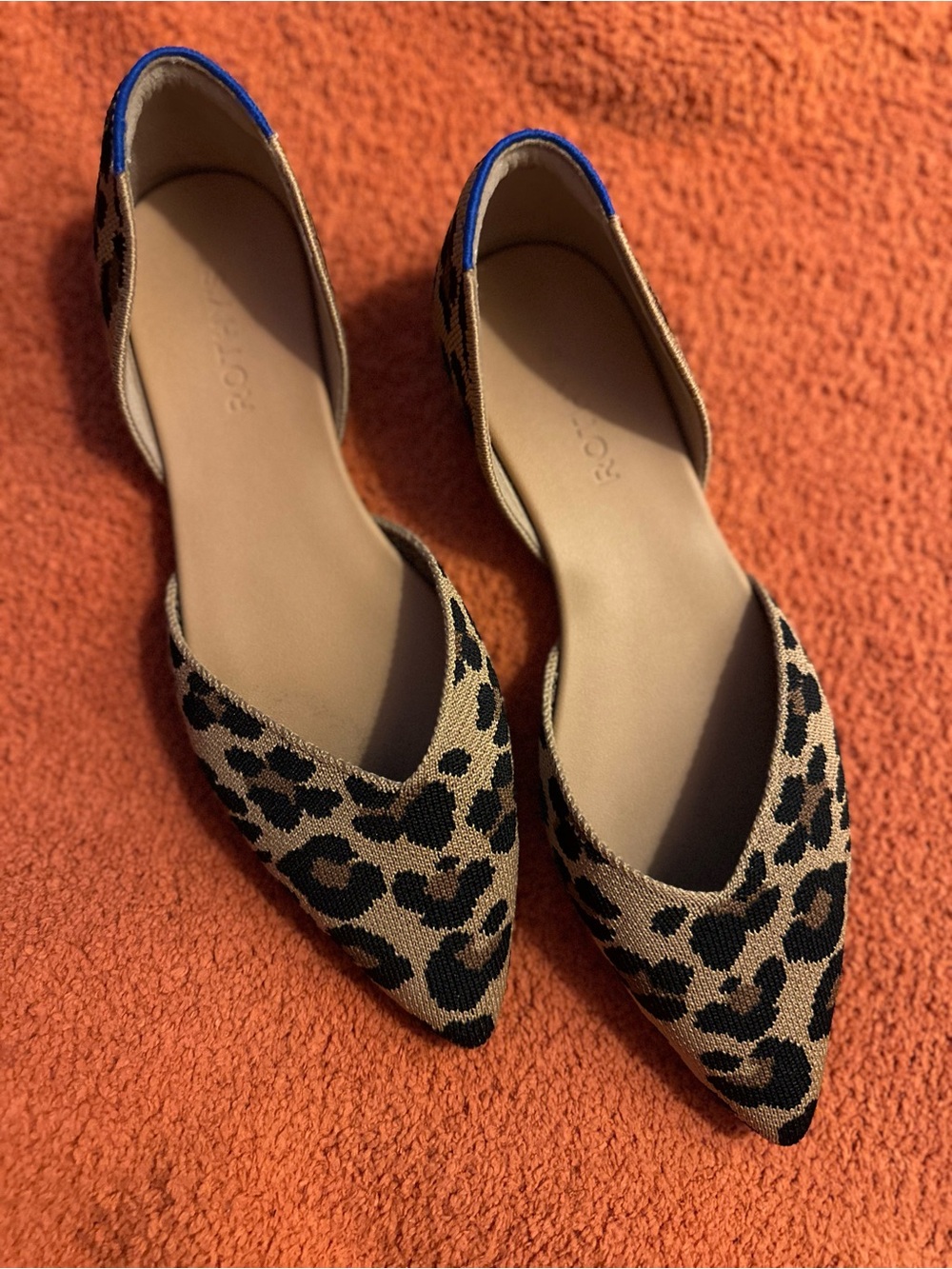 Rothy's Leopard Print Pointed D'Orsay Flats - Brown & Black with Blue Trim
